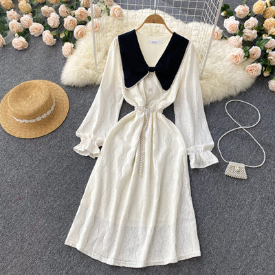 2022 early spring new French doll collar retro temperament ladies light luxury dress waist and knee length thin long skirt