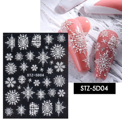 Pure white manicure stickers three-dimensional 5D relief Christmas