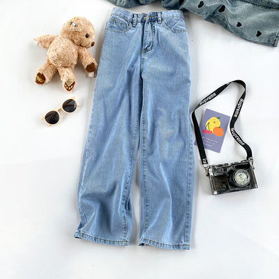 French niche square collar bow plaid shirt fashion all-match high waist light blue denim wide leg pants Western style suit