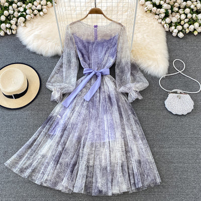 Super fairy perspective ink retro puff sleeves waist thin round neck mesh dress elegant temperament large swing long skirt