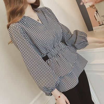 Spring and autumn chiffon v-neck waist slim top women's plus size women's fashion long-sleeved ruffled plaid shirt