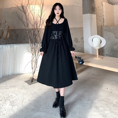 Large size women's early autumn new dress Yamamoto Yohji sexy waist straps fat mm chic loose little black dress