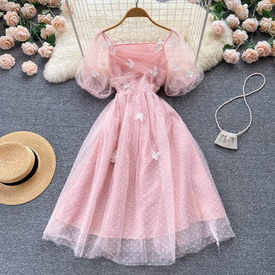 Gentle wind French first love princess dress mesh butterfly design sense square neck puff sleeves waist temperament dress female