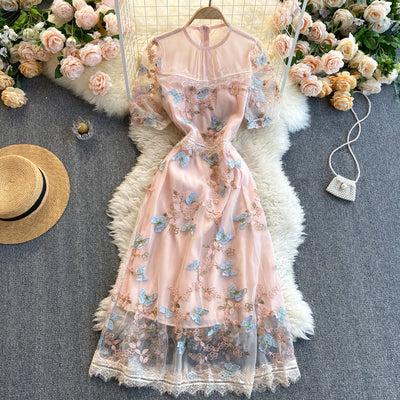 2021 new European and American style heavy industry mesh embroidery butterfly round neck short sleeve waist slimming goddess mid-length dress