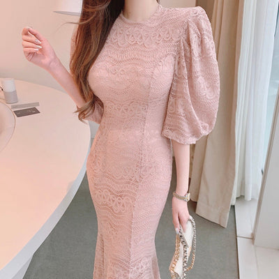 Korean chic autumn French sweet round neck heavy industry lace hook flower slim fit and slim package hip fishtail dress female