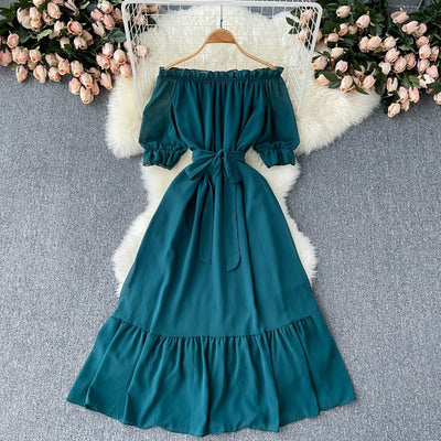 Sweet fungus edge one-word collar off-shoulder puff sleeves waist and thin long chiffon dress women's spring new style