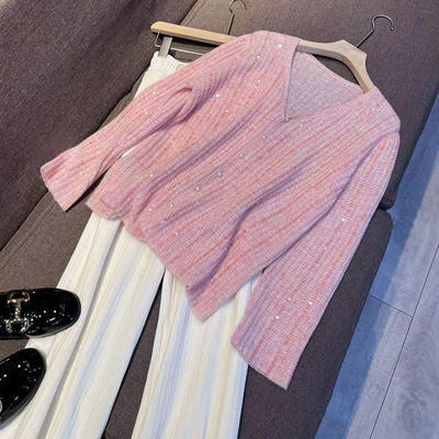 2022 summer new V-neck knitted top fashion suit women's slim slim wide-leg casual pants two-piece set