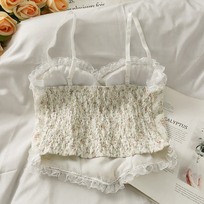 2023 summer sweet wind fungus side printed lace camisole women's short slim vest with navel exposed