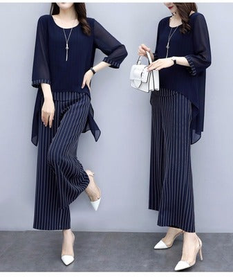 Chiffon suit 2022 new belly cover suit Western style two-piece wide-leg pants women's large size fat mm loose and thin