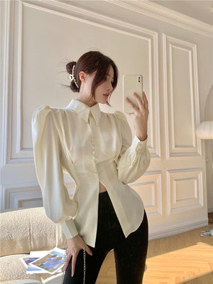 Shirt women's spring casual puff sleeve polo collar top temperament slit design sense waist bandage chic shirt