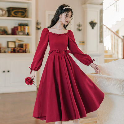 Spring and summer new French court style retro dress dress red long skirt daily dress light lo fugitive princess dress