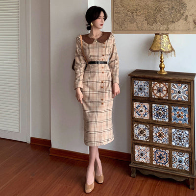 French retro doll collar plaid dress waist long slit woolen skirt high-end royal sister style winter dress