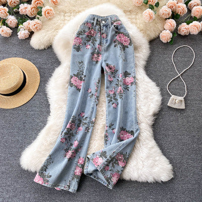 Sweet and Spicy Girl Rose Jeans Women's Autumn Design Sensation Niche High Waist Drape Wide Leg Pants Straight Long Pants