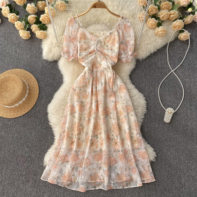 Gentle wind bow beaded V-neck floral long skirt French sweet and thin dress female 2022 summer new style