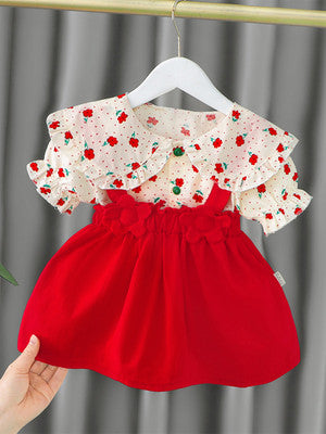 Girls summer suits Western style baby fashionable children's clothing one-year-old baby clothes summer children's suspender skirt two-piece set