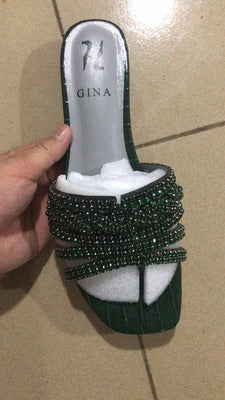 GINA thick-heeled rhinestone flip-flops women's summer drag British large size Czech row drill sandals BLINGBLING wedding shoes