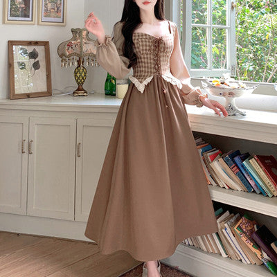 Gentle Square Neck Plaid Stitching Lace Platycodon Long Skirt Spring and Autumn Plus Size Japanese Sweet Retro First Love Dress