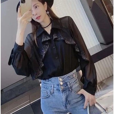 Chiffon shirt women's 2021 spring new high-end long-sleeved lace ironing drill all-match temperament thin Western-style top trendy