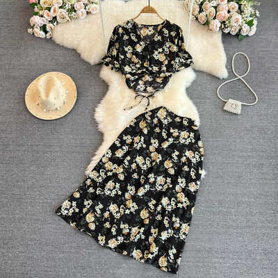 Fashion suit female Korean version retro temperament short-sleeved V-neck drawstring short top two-piece set high waist skirt summer