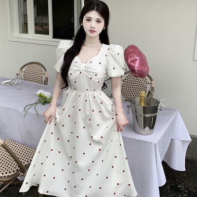 French white dress female summer 2022 new strawberry print puff sleeves waist slim first love princess dress