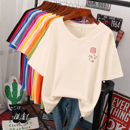 Large size women's clothing 2022 summer new loose fat mm slimming cover belly cotton short-sleeved t-shirt women's V-neck top trendy