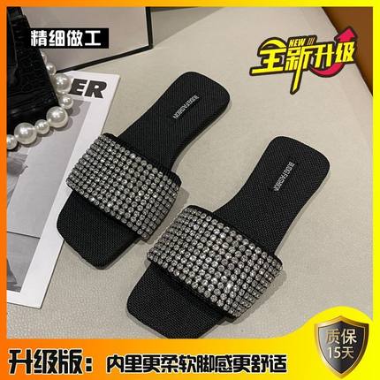 Temperament rhinestone square head one word flat bottom sandals and slippers for women's outer wear 2022 new fashion one pedal beach slippers