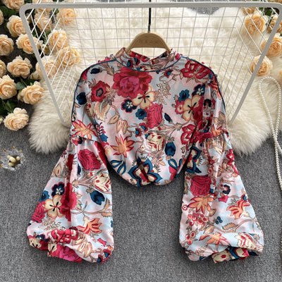 2022 New Year's Spring New Retro Chiffon Shirt Women's Loose Fashion Printed Standing Collar Lantern Sleeves Western Style Top