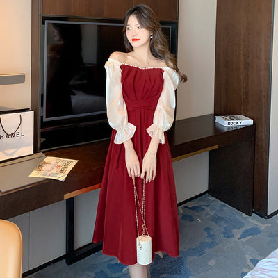 French fake two-piece chiffon dress women's summer red skirt texture high-end temperament half-sleeve waist long skirt