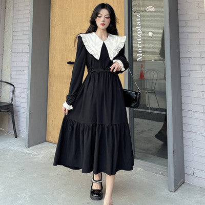 Large size doll collar slim dress women's early autumn new fat mm French retro temperament long-sleeved Hepburn skirt