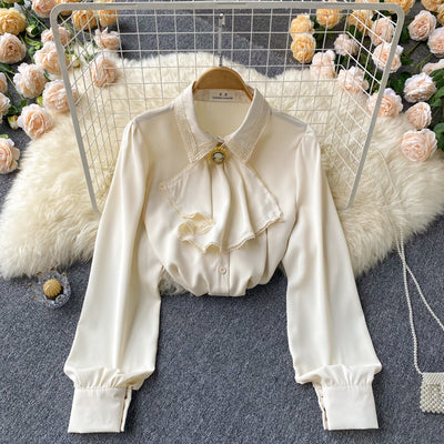 2022 spring retro polo collar loose white chiffon shirt ladies temperament loose chic long-sleeved top