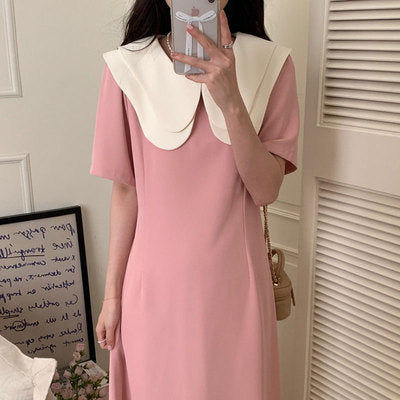 Korean chic summer gentle temperament double-layer doll collar contrast color tie waist long five-point sleeve dress female