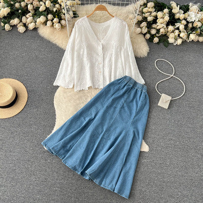 French retro embroidery V-neck single-breasted top + mid-length high-waisted denim skirt two-piece set