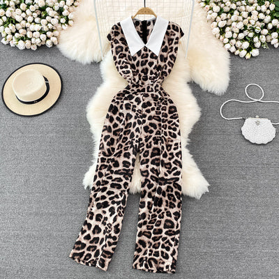 Feminine temperament lapel leopard print sleeveless jumpsuit fashion slim slim straight wide-leg pants jumpsuit summer