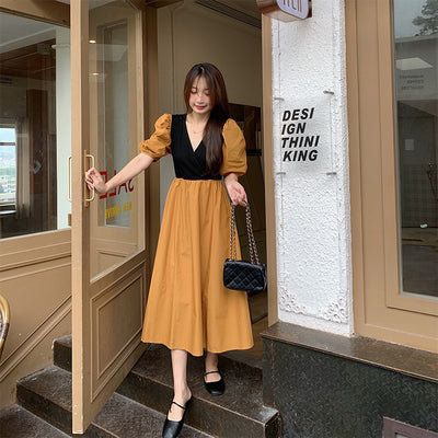 Large size women's French V-neck fake two-piece dress female summer slightly fat MM waist was thin sweet and spicy fairy skirt skirt