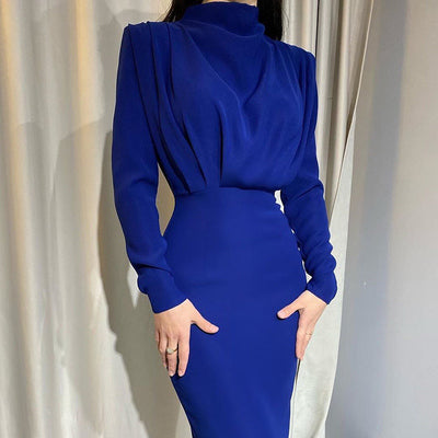 European and American fashion shoulder pad dress women's 2022 early spring new waist and thin high-necked long-sleeved temperament bag hip long skirt