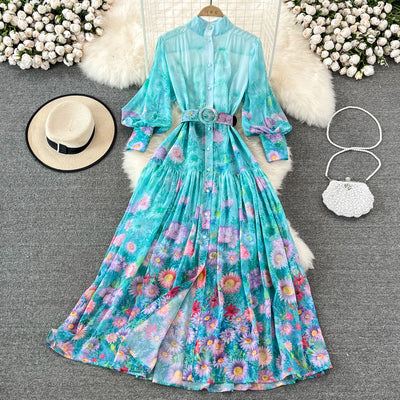 2022 ladies temperament goddess Fan Li-collar single-breasted large-swing long skirt high-waisted slim lantern sleeve printed dress