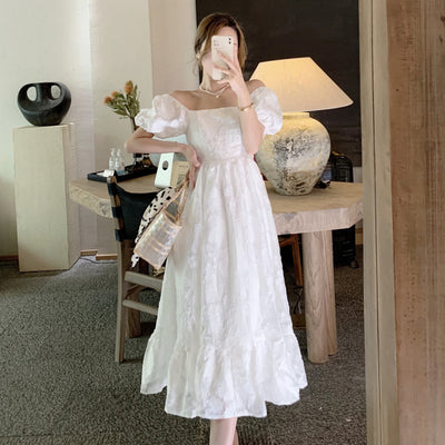 French temperament super fairy white square neck chiffon dress female summer 2022 new puff sleeves sweet jacquard skirt