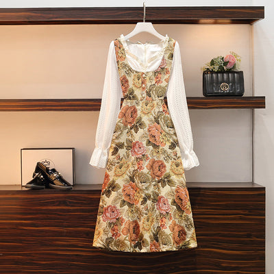 Large size women's clothing 2022 fat sister spring new fashion temperament waist thin fake two-piece stitching dress