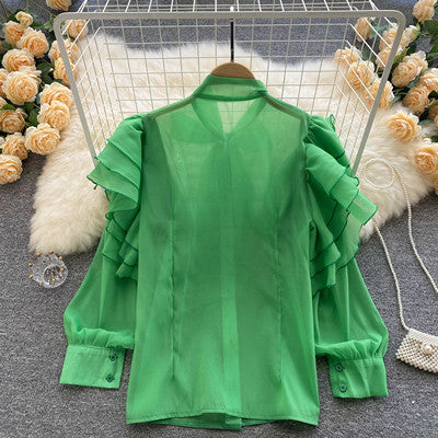 Palace style top women's design sense niche lotus leaf sweet lace bow collar loose all-match long-sleeved shirt