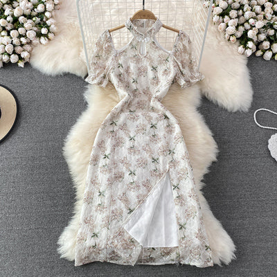 Retro improved cheongsam 2022 summer fashion halter neck off-shoulder slim fit and slim mid-length split floral dress