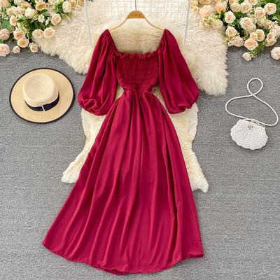 Spring and autumn new Korean version of the super fairy backless square collar high waist slim and slim temperament dress a-line large-swing long skirt