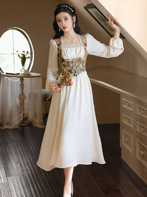 Summer women's new retro French romantic literary oil painting dress short-sleeved temperament fairy long skirt niche square collar