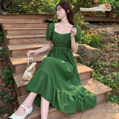 Large size fat MM design sense pleated drawstring tie puff sleeves green dress women's summer new temperament long skirt