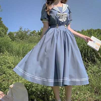 2022 summer new Japanese college feng shui hand suit dress female summer student loose navy collar a-line skirt