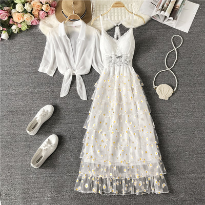 Super fairy daisy suspender dress suit female tube top lace mesh fairy skirt layered cake skirt long skirt