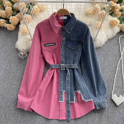 Denim stitching lapel dress 2022 autumn and winter new Korean version of the waist thin irregular mid-length shirt