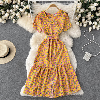 French retro floral dress summer fashion high waist slim temperament V-neck mid-length A-line tea break dress women