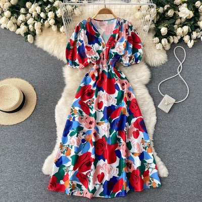 Light and mature women's temperament V-neck printed puff sleeve French dress elegant and feminine waist A-line midi skirt