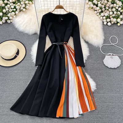 2022 spring new fashion and elegant temperament large swing dress slim waist stitching gradient pleated dress