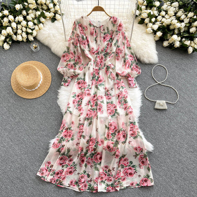 Super fairy forest retro floral dress French light familiar style elegant temperament rose print waist-length skirt